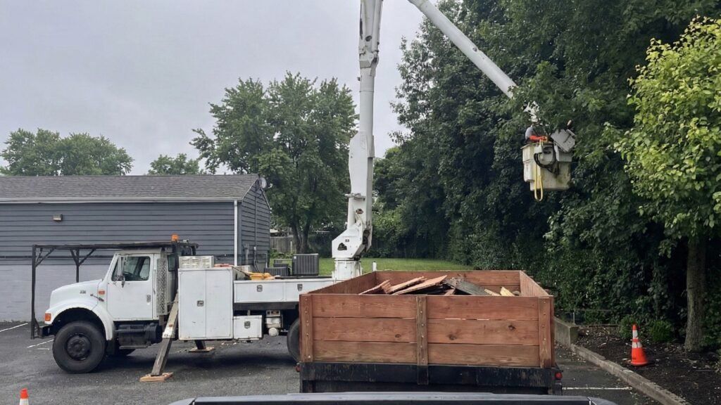 Bucket Truck and Dump Trailer Loading Debris During Connecticut Tree Removal