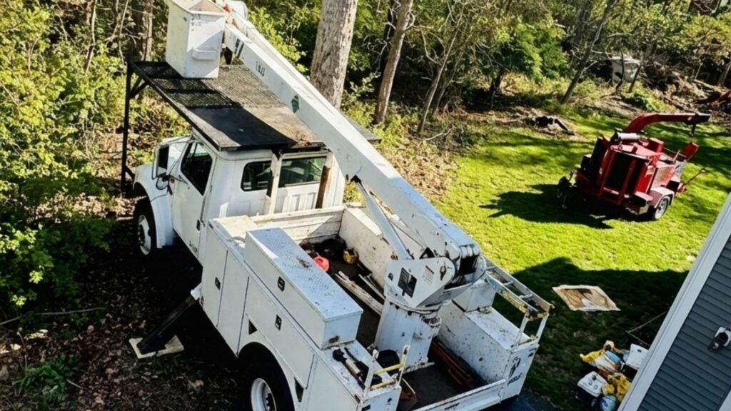 Elevated view of bucket truck positioned beside trees at a residential property in Woodbury Connecticut