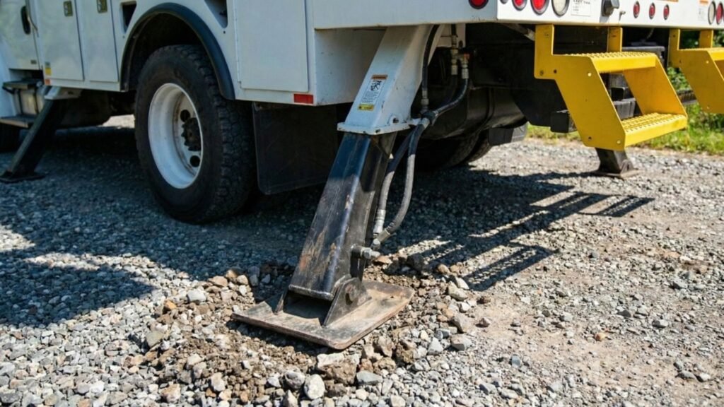 Connecticut Tree Service Bucket Truck Outriggers on Gravel for Safe Operation