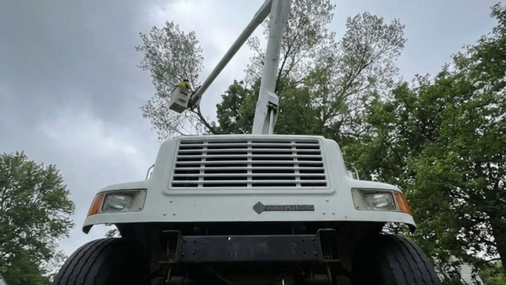 Low angle view of professional tree service bucket truck in residential Bridgewater Connecticut