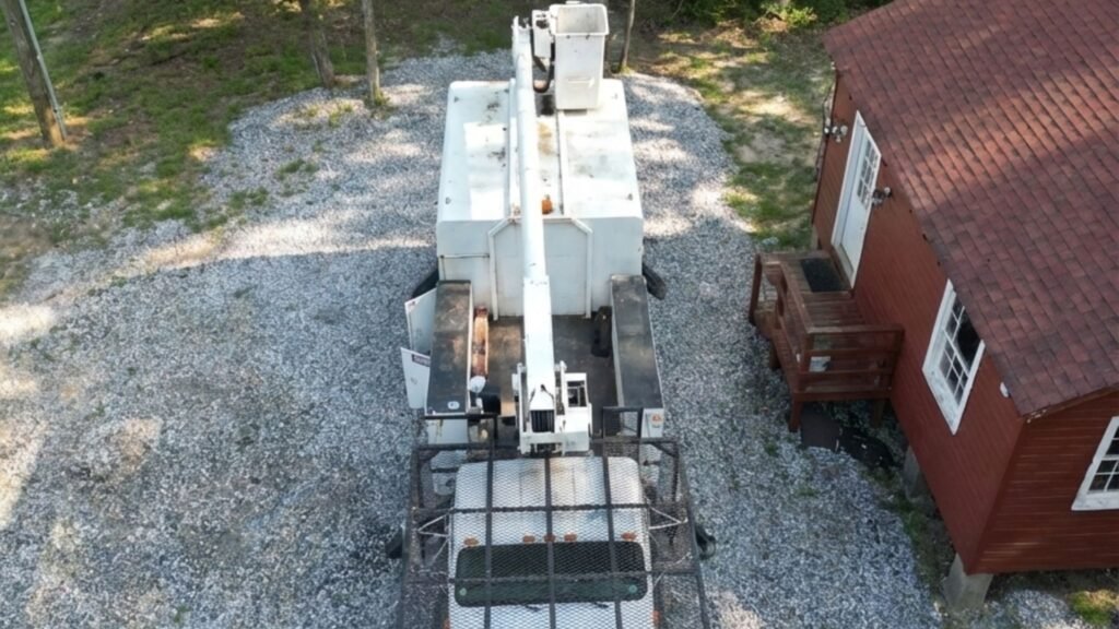Top-down view of a bucket truck parked on a gravel lot beside a wooded residential area in Prospect Connecticut