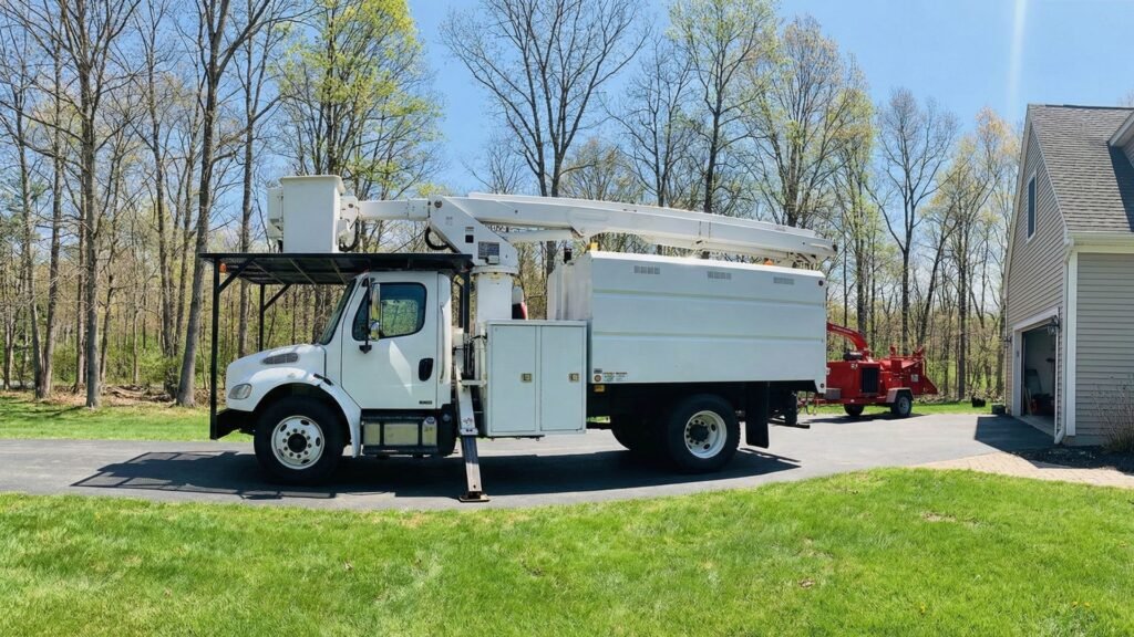 Bucket truck and wood chipper staged on a residential driveway during tree removal in Roxbury Connecticut