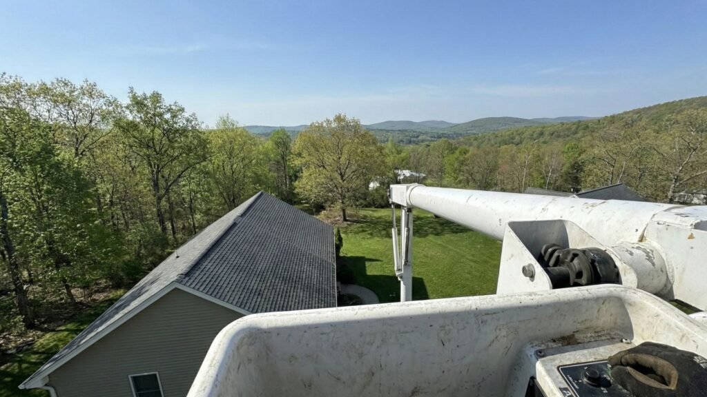 Panoramic bucket lift perspective over backyard in Naugatuck Connecticut
