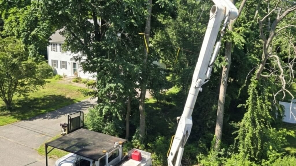Bucket Truck Operator Cutting Tall Tree in Residential Monroe Connecticut Neighborhood