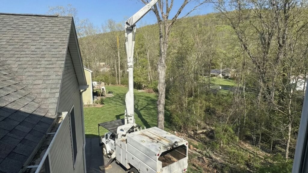 Bucket truck reaching tall tree for professional tree removal in Naugatuck Connecticut