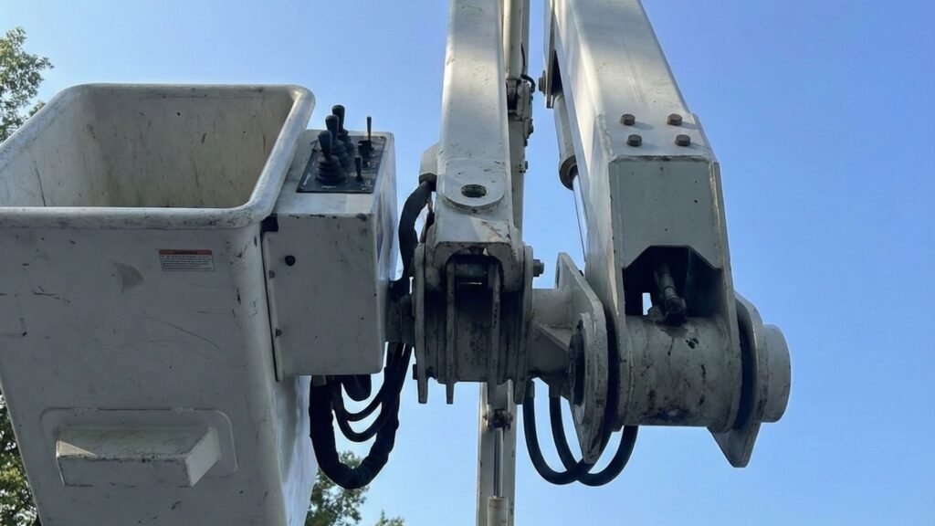 Low angle view of an elevated bucket lift on a tree service truck in Prospect Connecticut