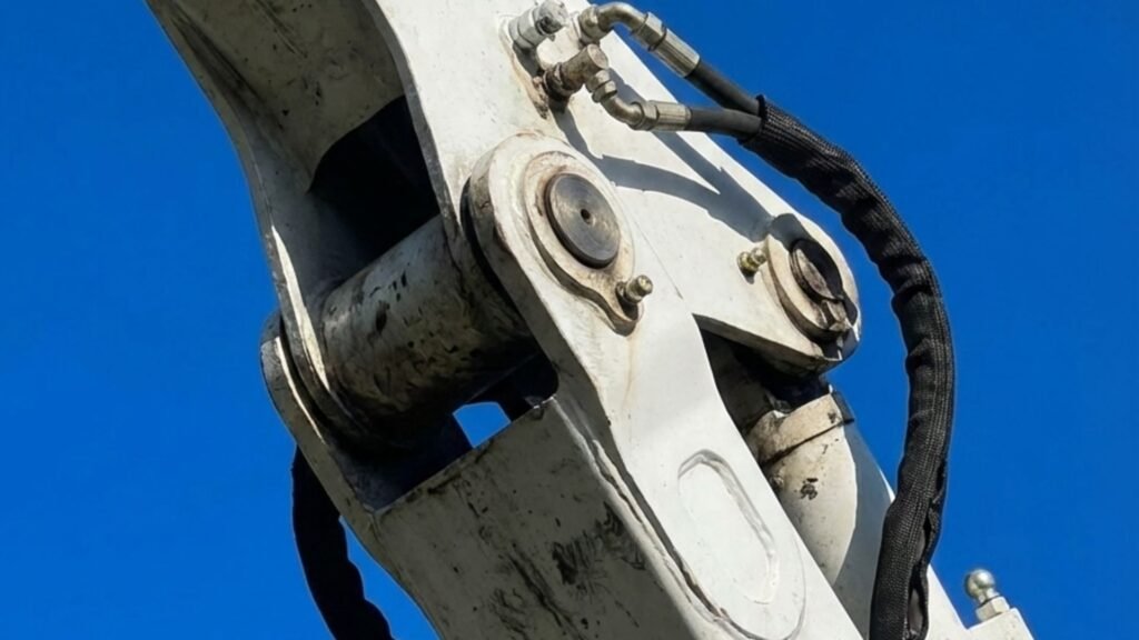 Tree removal equipment boom and hydraulic connections raised above a residential site in Southbury Connecticut