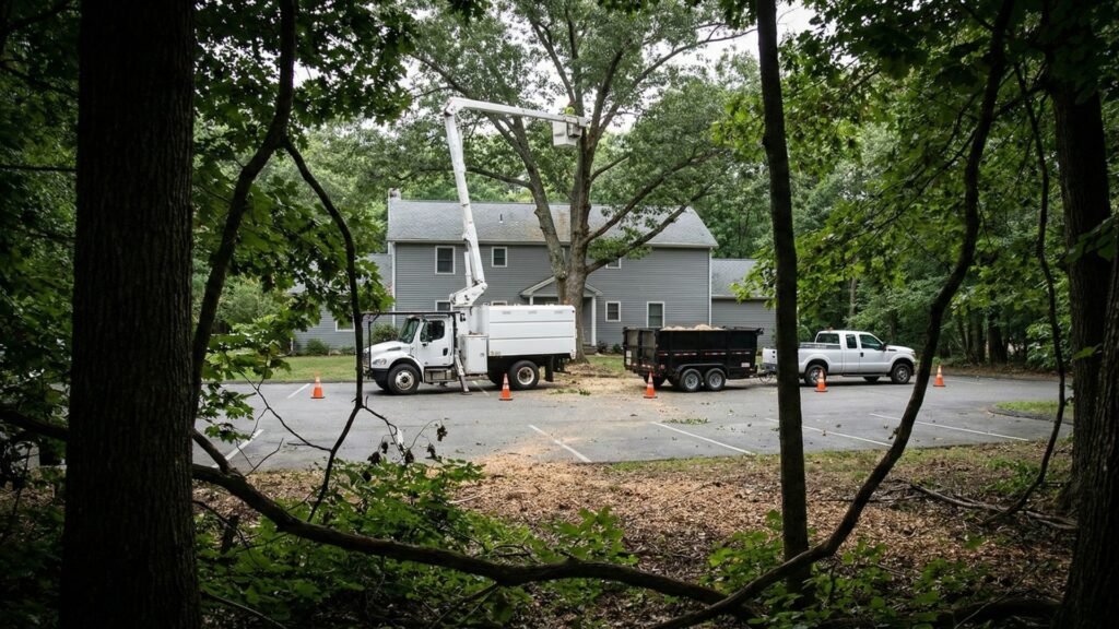 Bucket Truck and Dump Trailer Clearing Large Tree at Connecticut Property