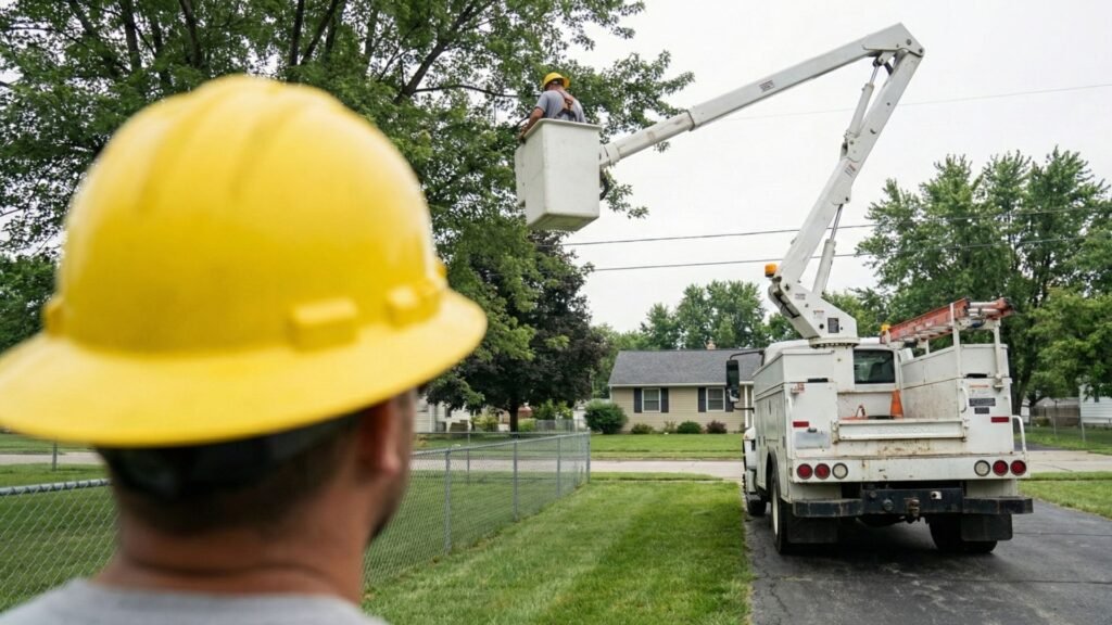 Crew member supervising bucket truck tree removal work on a residential property in Woodbridge Connecticut
