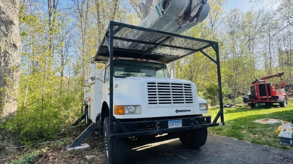 Bucket truck stabilized on a residential driveway during tree removal service in Roxbury Connecticut