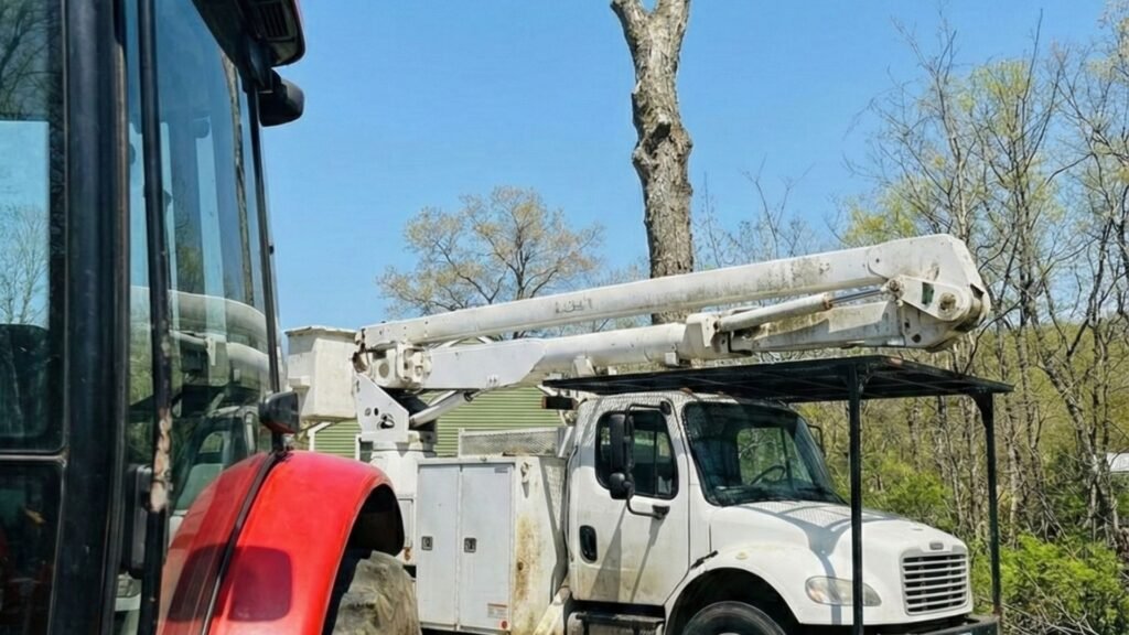 Bucket truck and equipment staged for residential tree removal near a tall tree in Shelton Connecticut