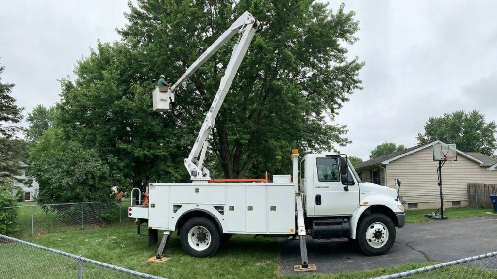 Bucket truck with boom extended over a residential tree during removal work in Woodbridge Connecticut