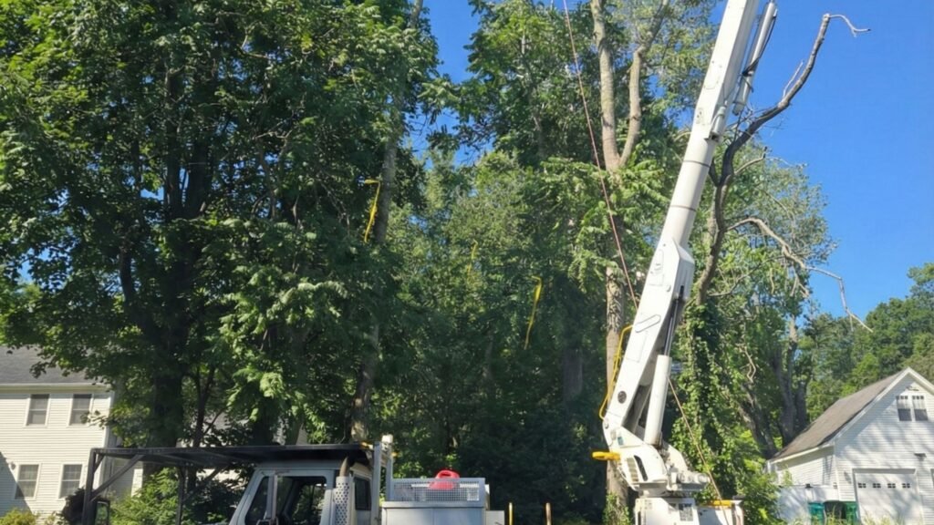 Bucket Truck Lift Extended for Professional Tree Removal in Monroe Connecticut