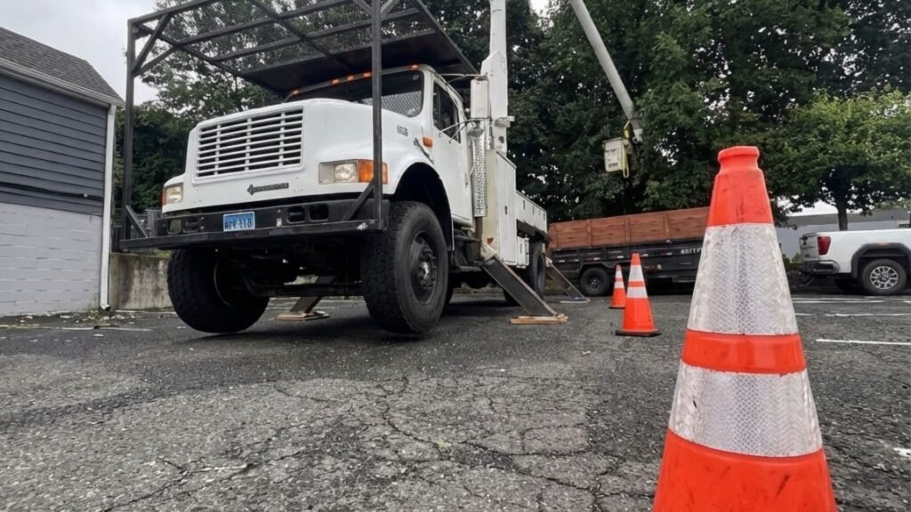 Low Angle View of Bucket Truck and Safety Cones for Connecticut Tree Removal