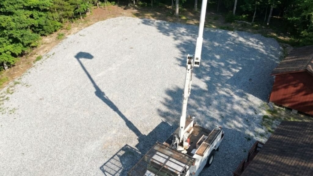 Aerial view of a bucket truck with extended boom positioned on a gravel lot near wooded property in Prospect Connecticut