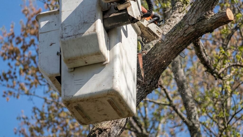 Bucket operator cutting tree branches during Naugatuck Connecticut removal service