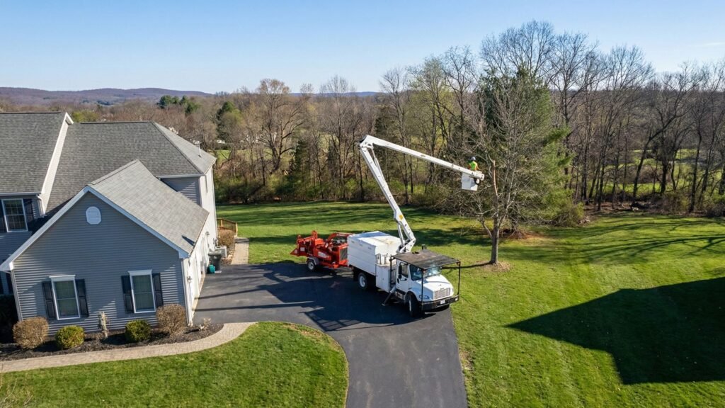 Bucket truck and chipper performing tree removal at a Naugatuck Connecticut home