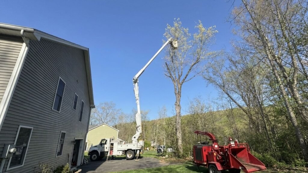 Tree removal equipment operating near a home in Naugatuck Connecticut
