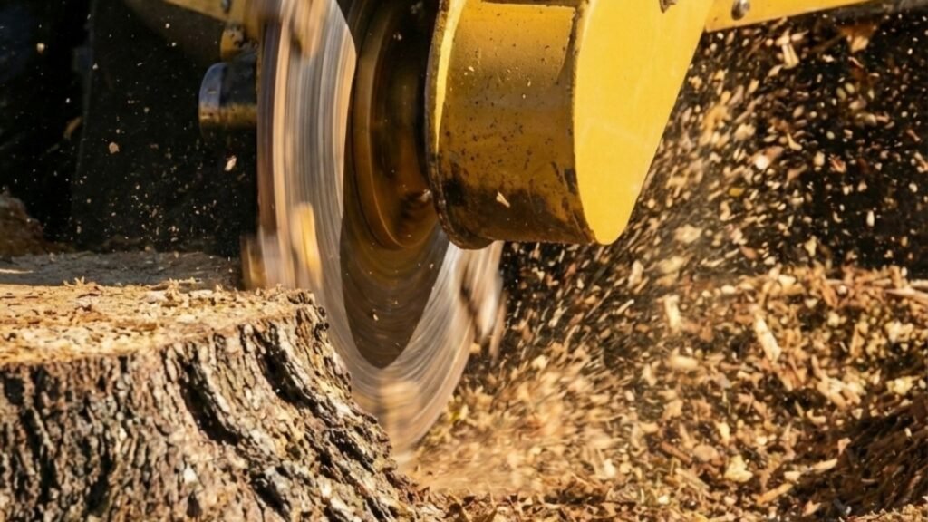 Close Up Stump Grinding Blade Cutting Wood CT