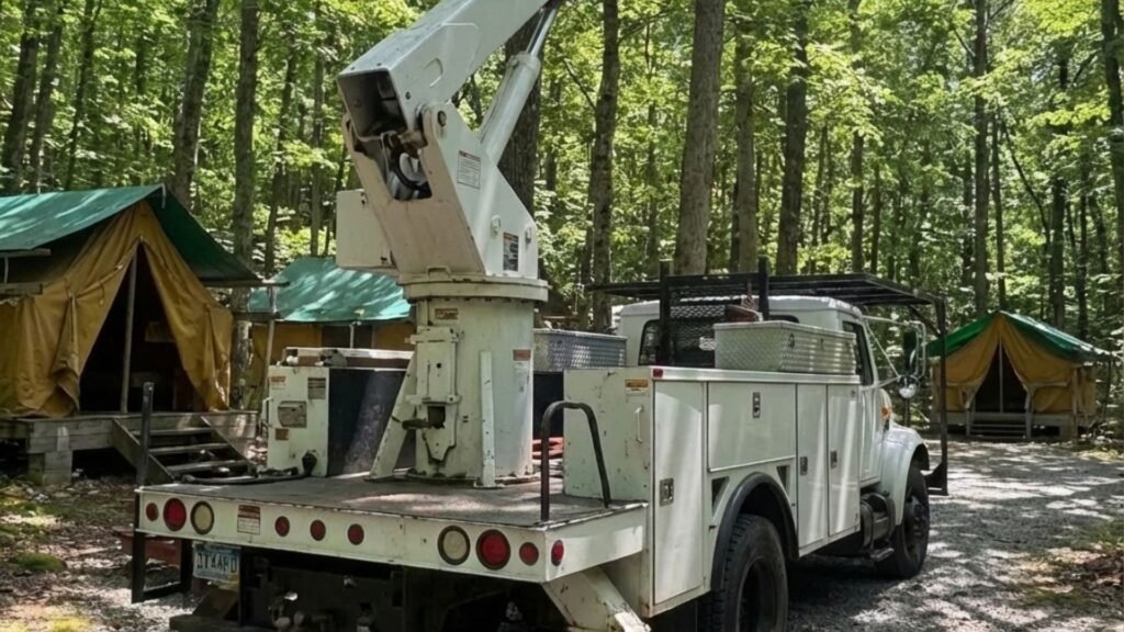 Bucket truck secured with outriggers at a wooded residential tree removal site in Woodbury Connecticut