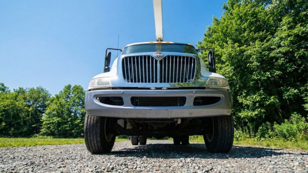 Front Angle of Connecticut Tree Service Work Truck on Gravel Nearby