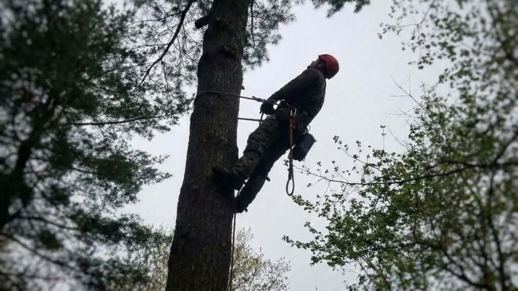 Tree Service Climber Secured with Harness During Tree Work Near Me in Middlebury Connecticut