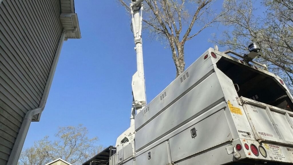 Naugatuck Connecticut tree removal crew stabilizing bucket truck beside home