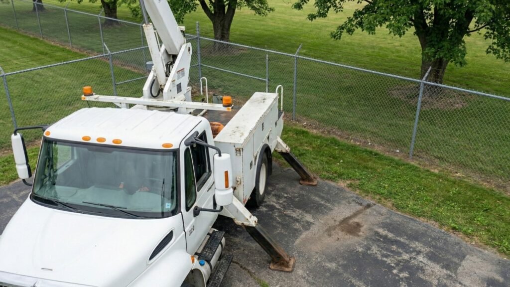 Aerial view of bucket truck with outriggers deployed for residential tree removal in CT