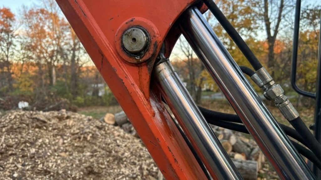 Hydraulic excavator arm used for residential tree removal in Seymour Connecticut