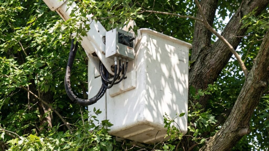 Bucket Lift Positioned in Tree Canopy for Connecticut Tree Removal