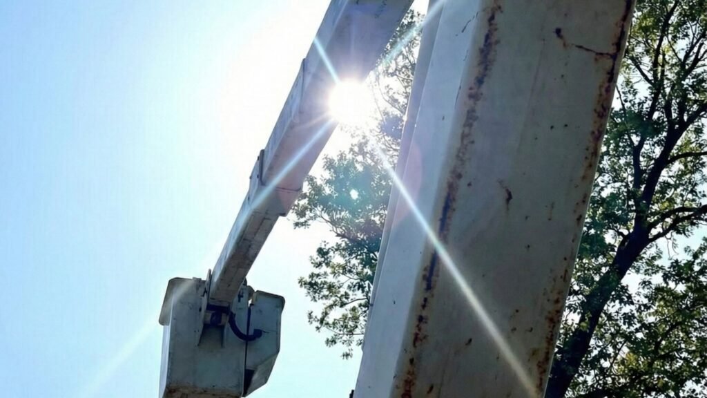 Bucket truck boom raised high during residential tree removal work in Shelton Connecticut