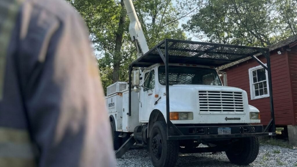 Worker observing a raised bucket truck preparing for tree work beside a red building in Prospect Connecticut