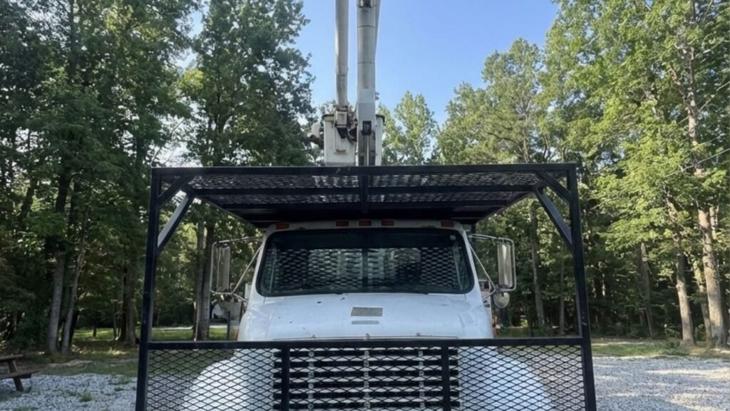 Front view of a bucket truck with raised boom staged on a gravel residential lot in Seymour Connecticut