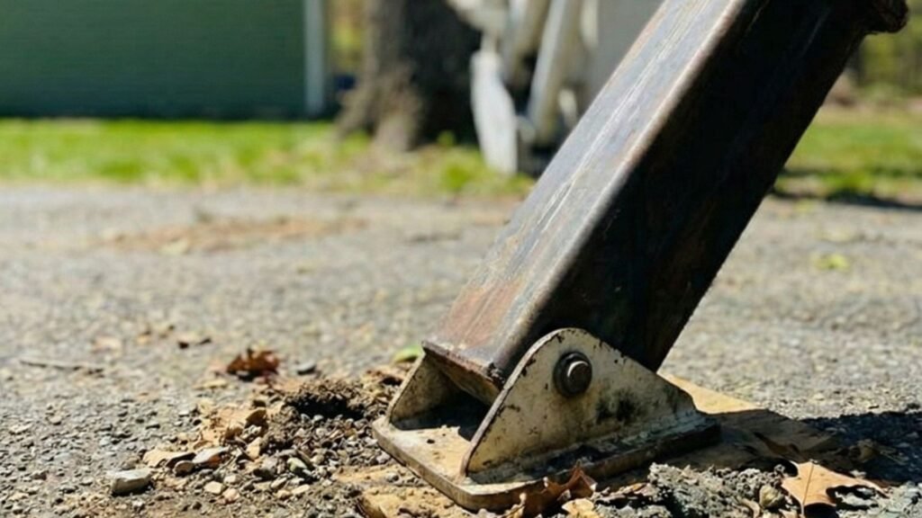 Bucket truck outrigger secured on gravel surface during residential tree removal in Shelton Connecticut