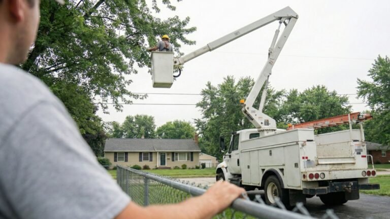 Over the shoulder view of ground crew monitoring bucket truck tree removal work in Woodbridge Connecticut