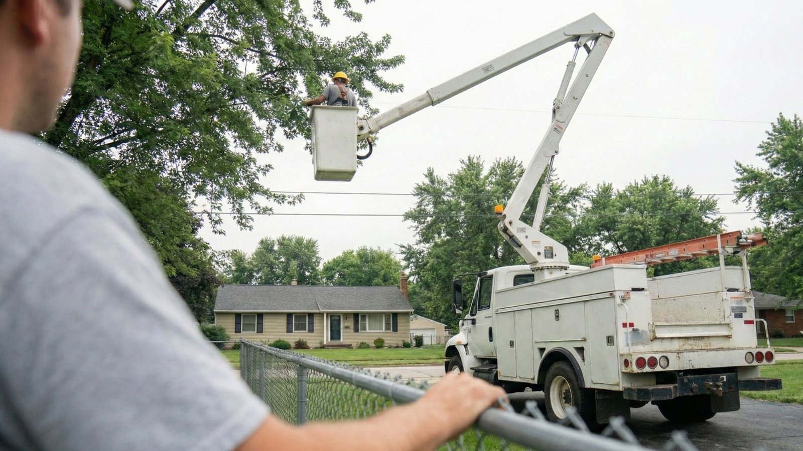 Over the shoulder view of ground crew monitoring bucket truck tree removal work in Woodbridge Connecticut