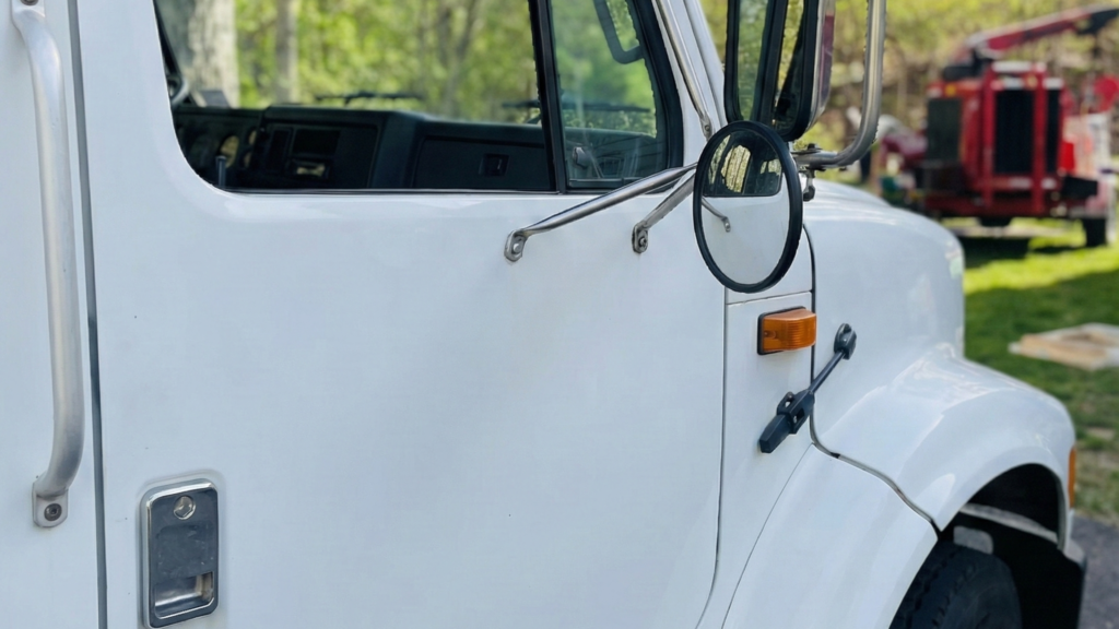 Close view of tree removal service truck cab parked at a residential jobsite in Woodbury Connecticut