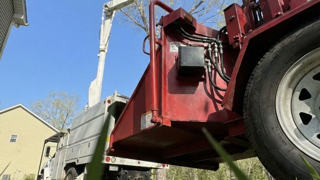 Bucket truck and wood chipper positioned for tree removal in Naugatuck Connecticut