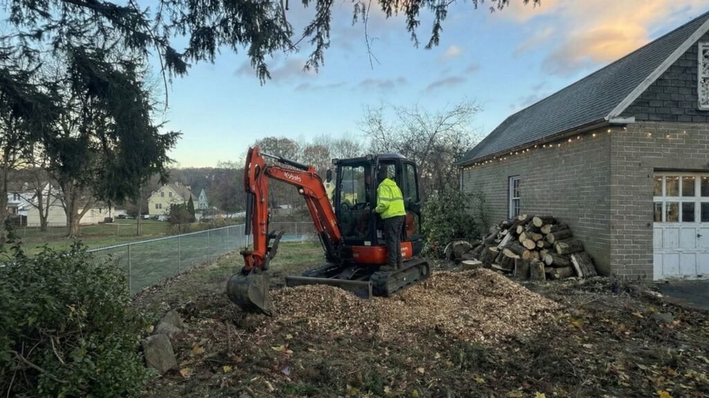 Excavator positioned on wood chips during residential tree removal work in Shelton Connecticut