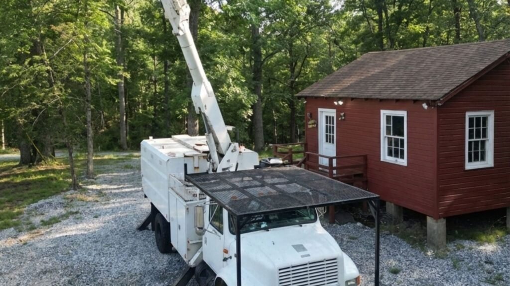 Elevated view of a bucket truck set up for tree removal beside a wooded residential property in Prospect Connecticut