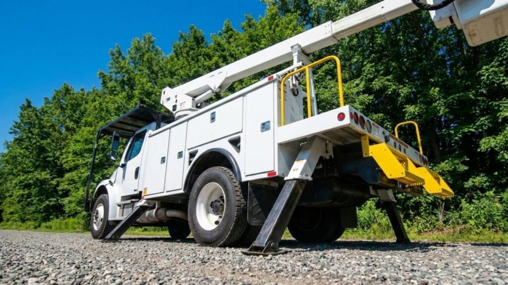 Connecticut Tree Service Boom Truck with Stabilizers Deployed Nearby