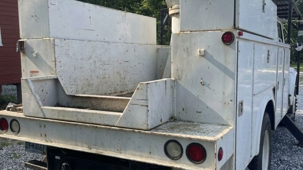 Rear view of a bucket truck with outriggers deployed on a gravel lot in Seymour Connecticut