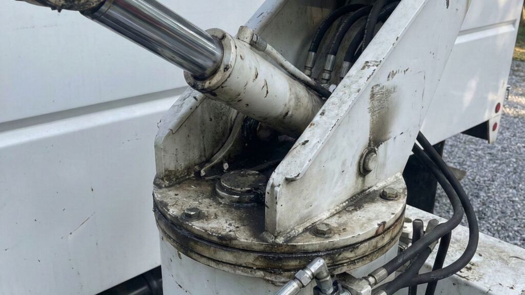Close-up of hydraulic boom and lift mechanism on a tree removal truck in Prospect Connecticut