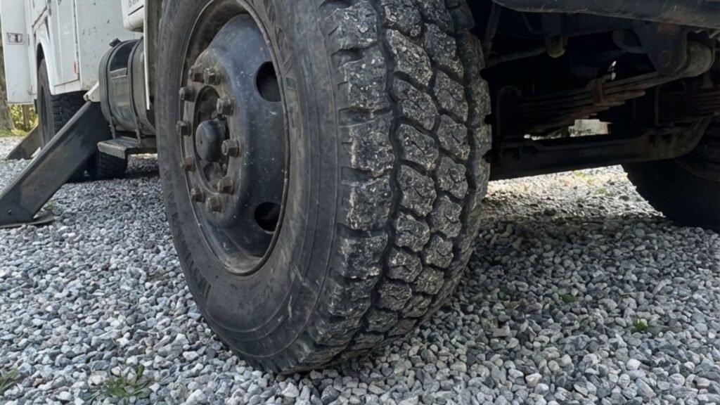 Close up of heavy duty truck tire and stabilizer set on gravel during a tree removal job in Seymour Connecticut