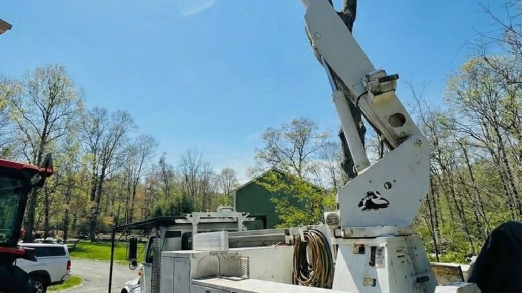 Bucket truck set up on a residential driveway for safe tree removal in Shelton Connecticut