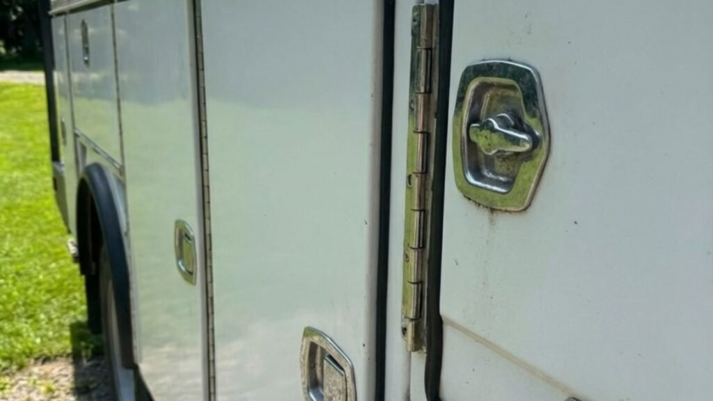 Tree removal service truck storage compartments staged at a residential property in Southbury Connecticut