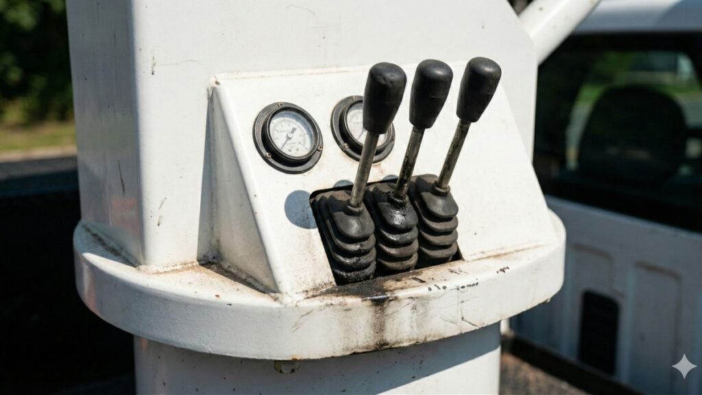 Hydraulic control levers on bucket truck used for professional tree removal in Shelton Connecticut