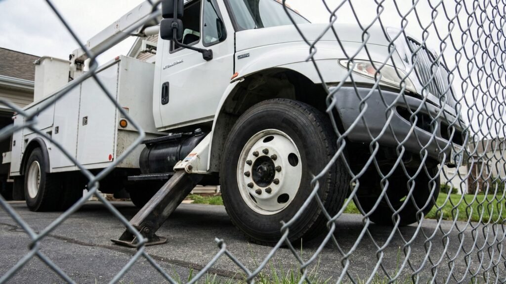 Close view of bucket truck wheel and outrigger stabilized on a residential driveway in Woodbridge Connecticut