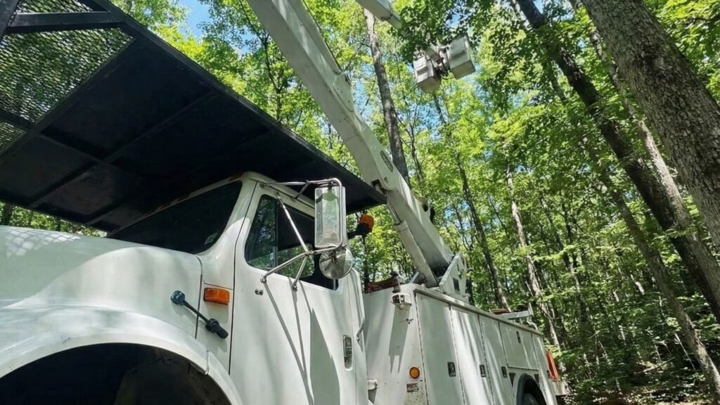 Bucket truck extended into wooded canopy during residential tree removal in Woodbury Connecticut