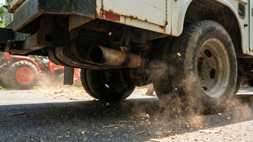 Bucket truck tires and exhaust over wood debris during residential tree removal in Shelton Connecticut